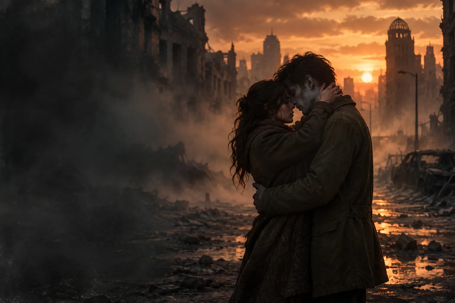 Illustrative concept art of two adults embracing in a ruined city under an amber sunset